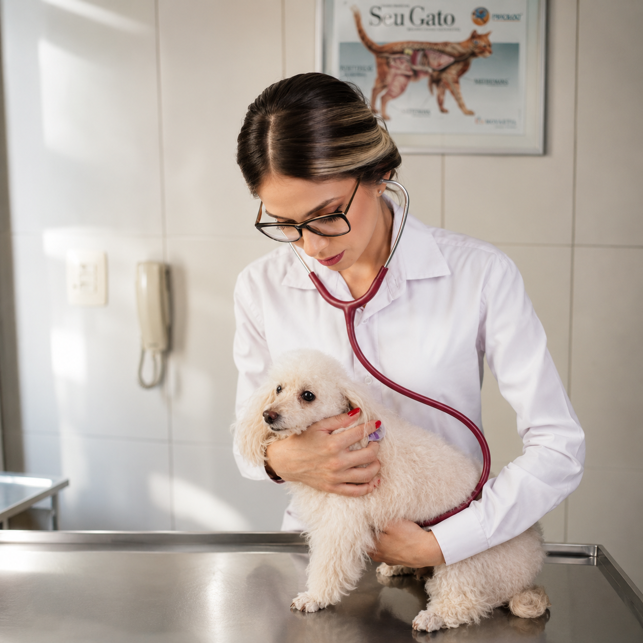 Dra. Stephanie Souza em atendimento clínico com um cachorro na mesa de consulta